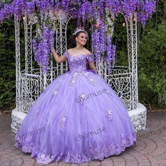 Lilac Quinceanera Dresses 3D Appliqued Sweet 16 Dress Lace-Up Big Bow Birthday Party