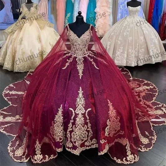 Burgundy Sequins Sweet 16 Quinceanera Dresses With Detached Cape