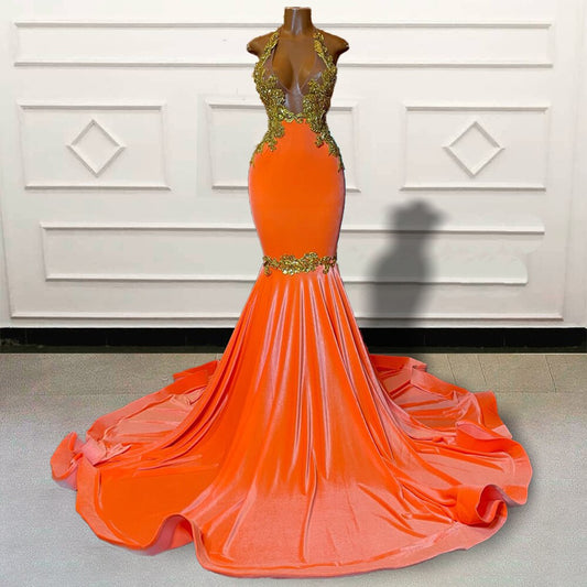 Gold Lace Orange Mermaid Long Prom Dresses 2023 for Graduation Party Sexy Sheer Mesh Backless Women Custom Formal Evening Gown