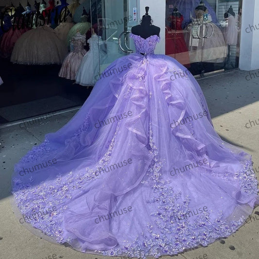 Lilac Quinceanera Dresses with Cape 15 Party 3D Flower Appliqued Beading