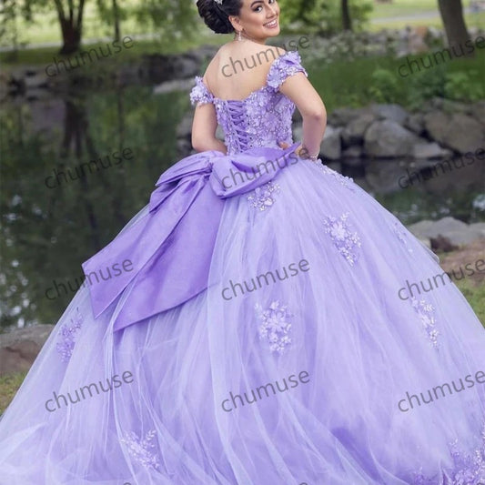 Lilac Quinceanera Dresses 3D Appliqued Sweet 16 Dress Lace-Up Big Bow Birthday Party