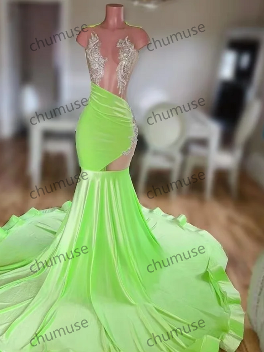 Sexy See Through Prom Dresses Crystal Rhinestone Mermaid Party Gowns