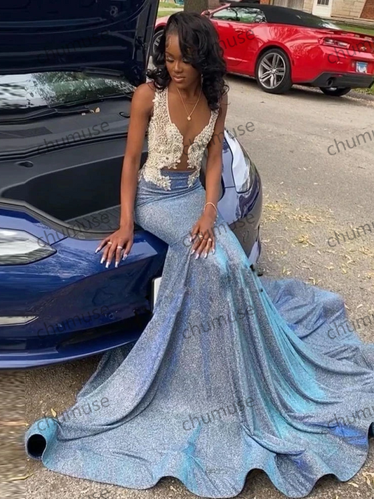 Glitter Blue Sequins Mermaid Prom Dresses Graduation Party