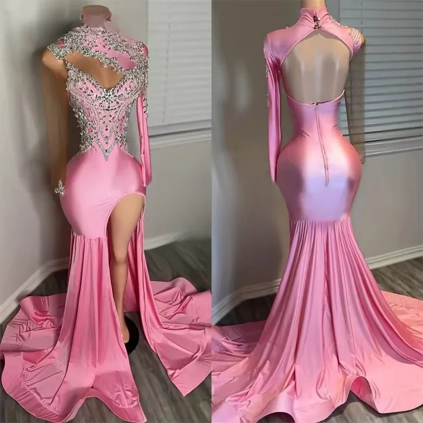 Luxury Pink Long Prom Dress Long Sleeves Evening Dresses Bead Crystals High Neck Birthday Dress Customized