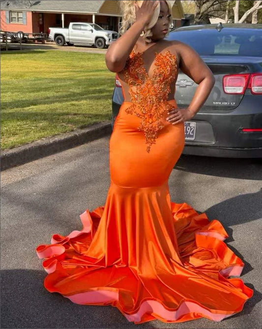 Orange Prom Dresses Sheer Sexy Glitter Beaded Sequins Party Dresses African Girls Long Gowns