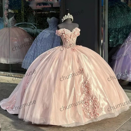 Pink Quinceanera Dresses 3D Flowers Appliques Birthday Party Prom Gowns