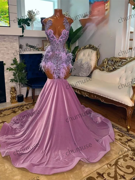 Pink O Neck Long Prom Dresses For Black Girls Bead Crystal Rhinestone