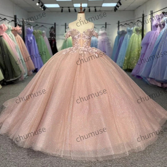 Shiny Pink Quinceanera Dresses Ball Gowns Applique Beads Crystal Tulle Lace-Up