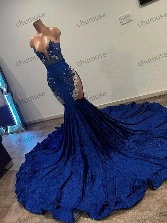 Blue Mermaid African Prom Dress for Women Luxury Crystal Beaded Boning Sheer Mesh Evening Celebrity Gown