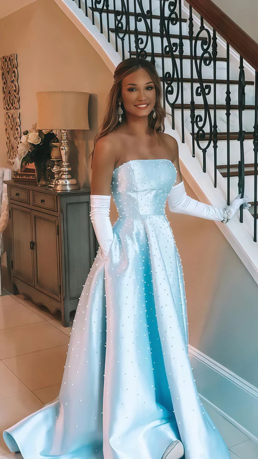 Strapless Light Blue Pearl Beaded Birthday Party Dress, Long Senior Prom Dress