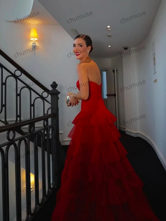 Red Sleeveless Tube Top Ball Gown Floor-Length Gown Prom Dress