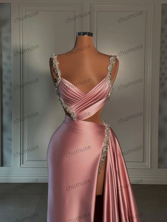 Pink Prom Dress: Sweetheart Spaghetti Strap with High Slit Trail