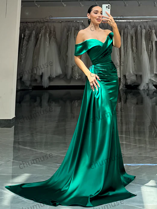 Green Off-the-Shoulder Neckline Hip Wrap High Split Satin Floor Skirt Elegant Dress Prom Dress