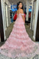 Pretty A-Line Off The Shoulder Pink Lace Slit Long Prom Dresses Formal Evening Dress