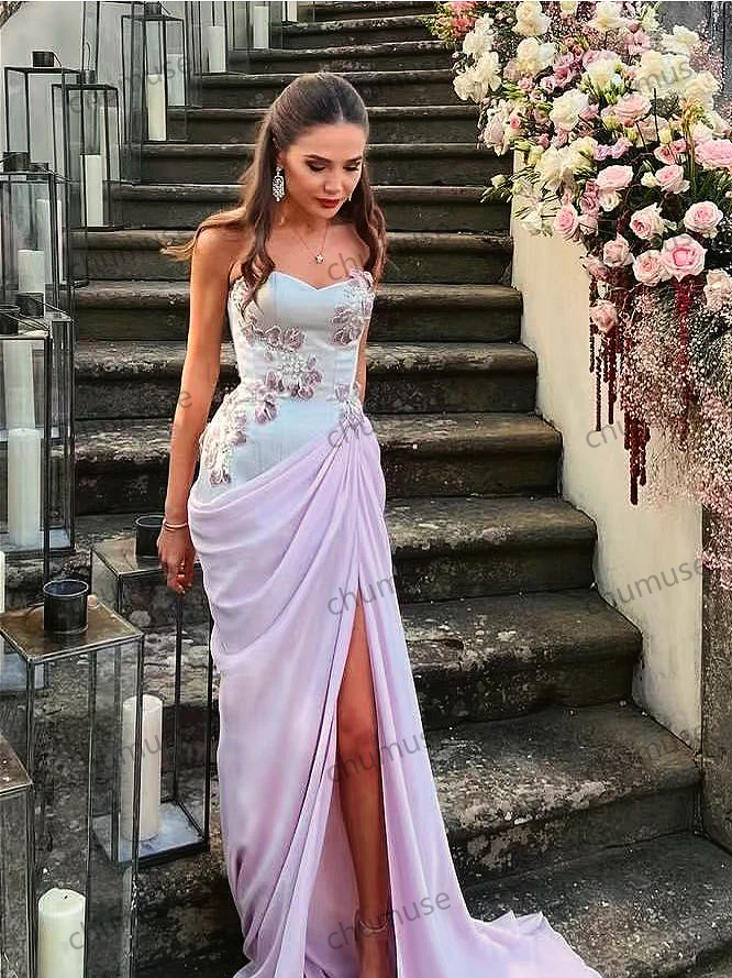 Pink Sleeveless Tube Top Satin Floral Appliqué Long Dress Luxury Gown