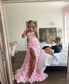 Chic Pink Strapless Long Prom Dress with 3D Flowers