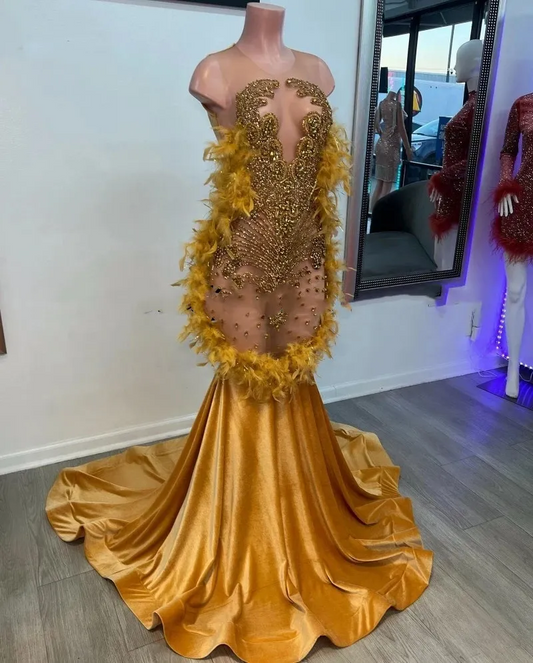 Sparkly Gold Velvet Mermaid Prom Dresses For Black Girls Sheer O-neck Luxury Beaded Feathers Birthday Party Gowns