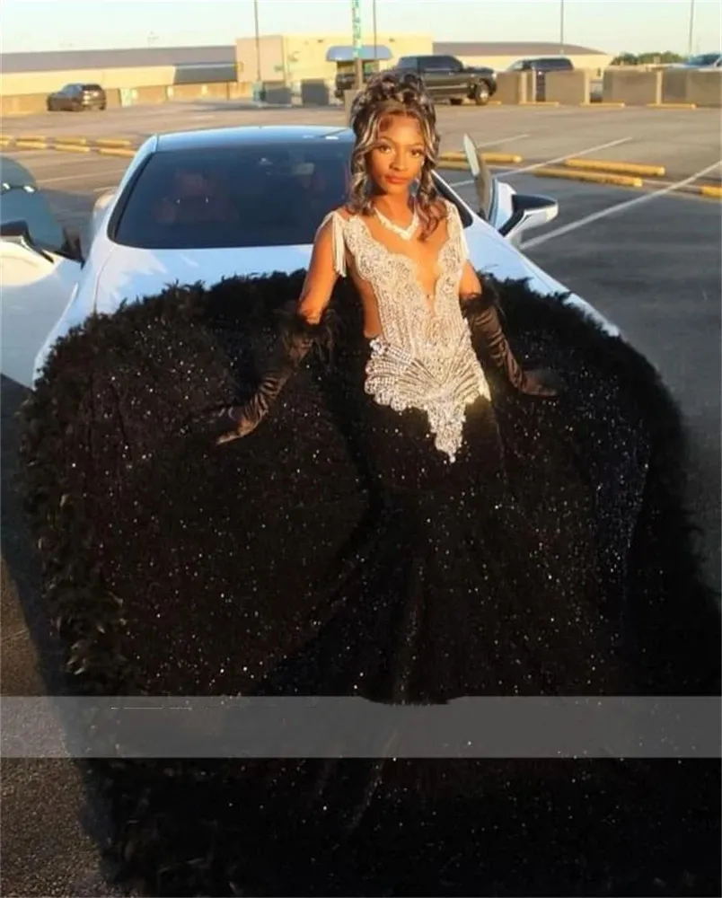 Elegant Black Sequins Long Mermaid Prom Dress For Black Girls With Feathers Sparkly Sequined Beaded Tassel Birthday Party Gowns