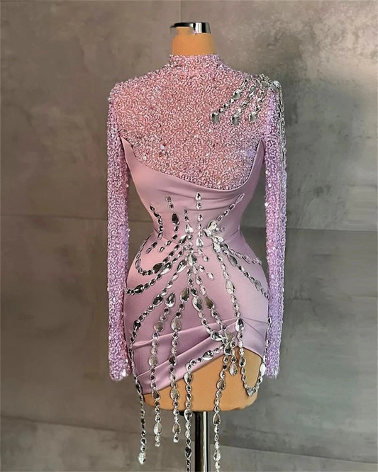 Pink High Neck Short Prom Dress For Black Girls Beaded Crystal Birthday Party Dresses Full Sleeve Formal Gown Mermaid Robe De Ba