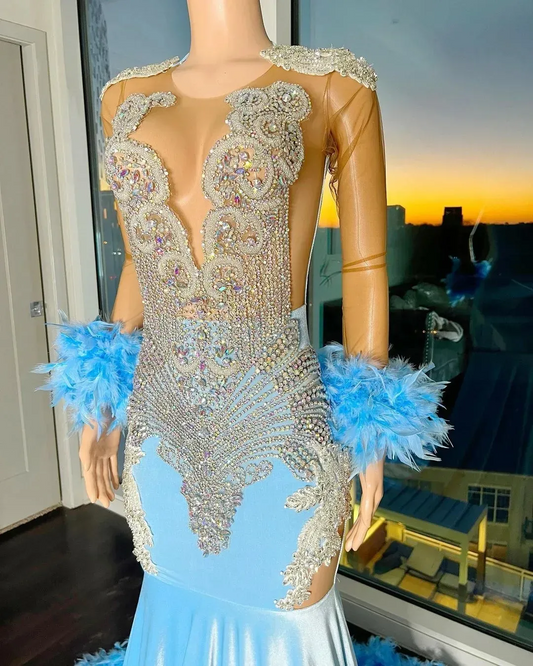 2023 Blue Velvet Mermaid Luxurious Prom Dresses Beaded Crystals Feather Evening Formal Party Second Reception Birthday Party