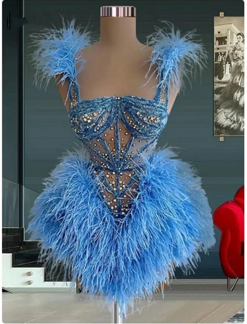 Luxury Blue Feathers Short Prom Dresses Crystal Beading Mini Party Dress For Women Cocktail Evening Gowns