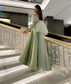 Elegant Cyan Shiny Long Sleeves Off Shoulder Satin Evening Dresses With Bow Long Arabic Prom Gown Lady Formal Occasion Dress
