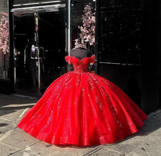 Red Princess Quinceanera Dresses Off Shoudler Sparkly Applique Corset