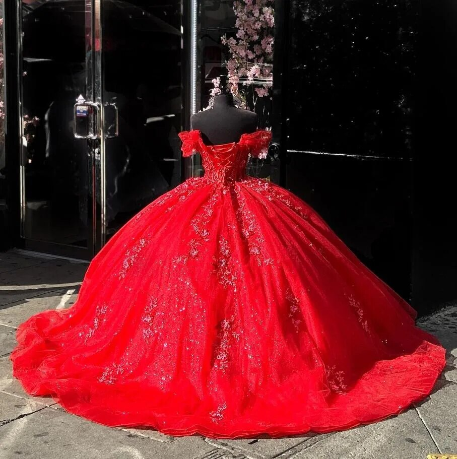 Red Princess Quinceanera Dresses Off Shoudler Sparkly Applique Corset vestido de festa 15 anos 2024