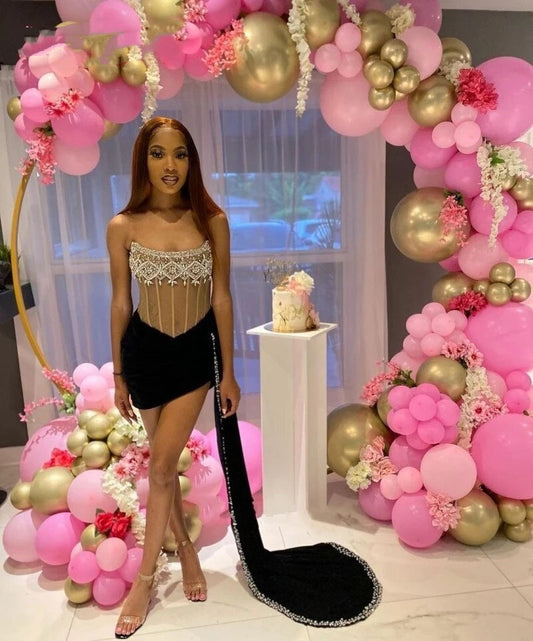 Sexy Short Black Velvet Prom Dresses 2023 For Black Girls Crystal Beads Pearls Birthday Party Cocktail Dress Robe De Bal