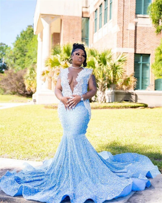 Sky Blue Sheer O Neck Long Prom Dress For Black Girls Appliques Birthday Party Dresses Sequined Mermaid Evening Gowns