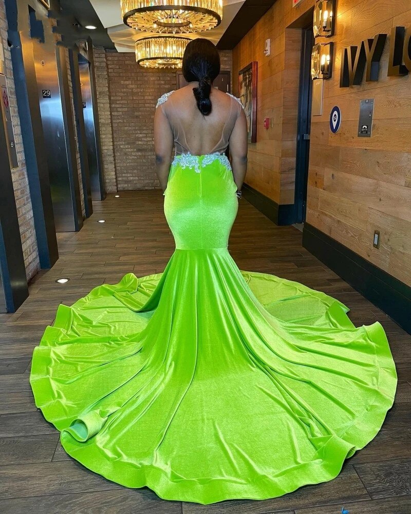 Sexy Backless Black Girls Mermaid Prom Dresses Limen Green Velvet Lace Applique Women Party Dress vestido de fiesta de boda