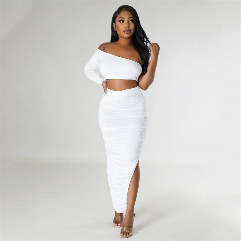 Clubwear One Shoulder Crop Top and Side Slit Ruched Long Skirt Elegant Festival Outfits for Women Maxi 2 Piece Dress Sets