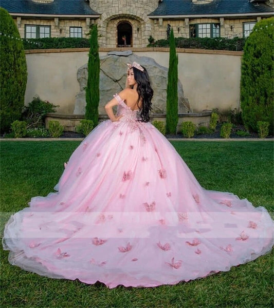 Lilac Princess Ball Gown Quinceanera Dresses 2023 Off Shoulder Butterfly Appliques Crystal Vestido De 15 Anos 16th Prom Evening